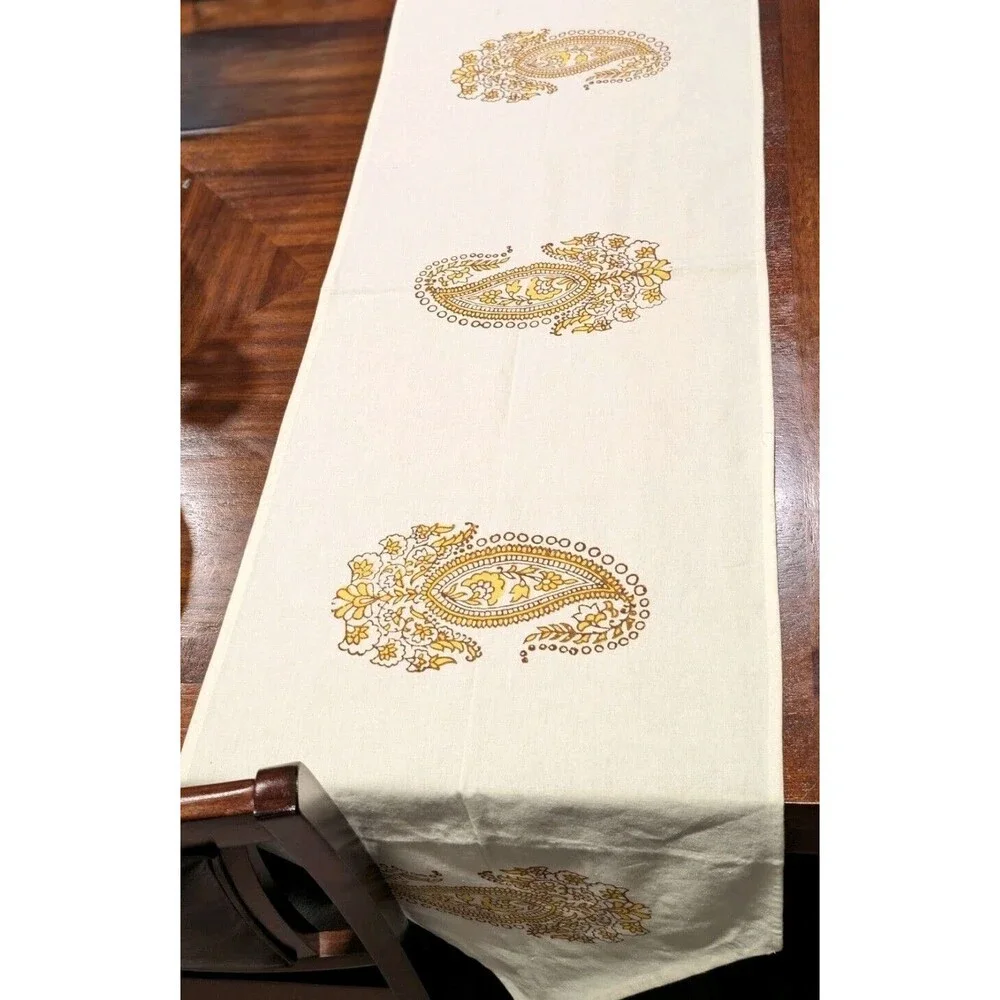​Modern Boho Table Runner Mustard Yellow Hand Stamped Block Eccentric Decor Gift